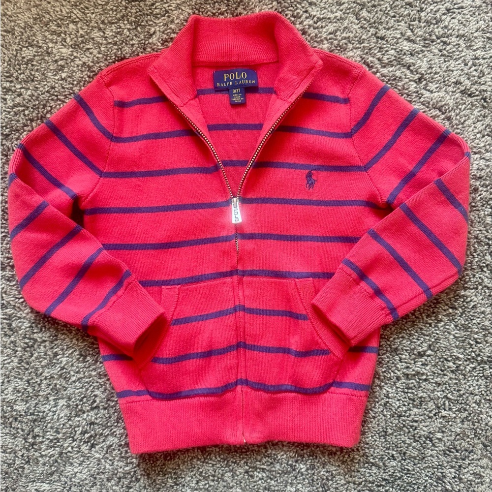 Ralph Lauren Red and Navy Striped Zip Up Sweater for Boys. Size 3T